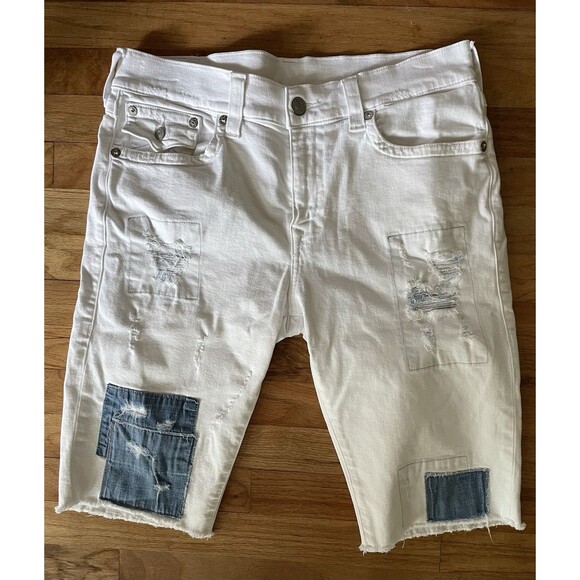 True Religion Size 33 White and Blue Patched “Ricky” Denim Shorts - Picture 1 of 8